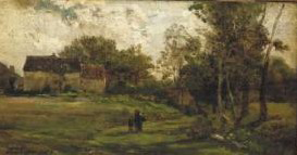 Landschap met boerderijen en bomen.